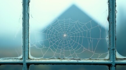 A spider web stretching across a broken window frame