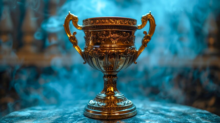 Poster - Golden trophy winner cup on smoky aquamarine background