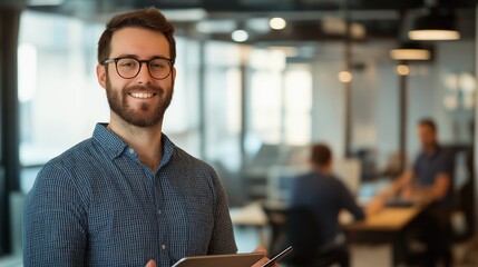 smiling software engineer with tablet, office backdrop