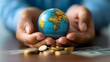 © milkyway - Hands Cradling a Miniature Globe with Financial Elements Symbolizing Global Investment and Economic