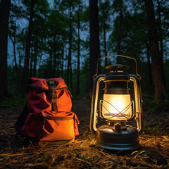 Canvas Print - Camp Lantern and Backpack by a Campfire