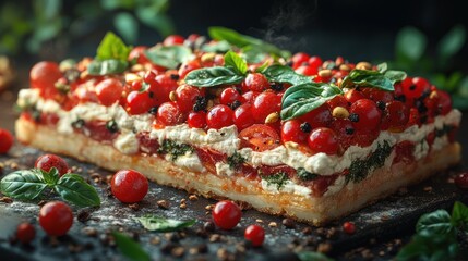 Steaming gourmet tomato basil pizza, dark background, restaurant menu