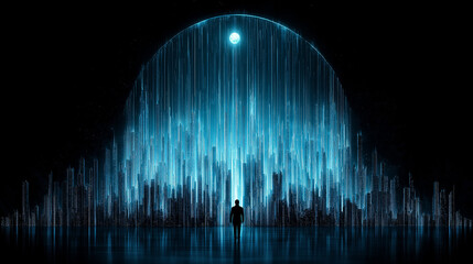 Wall Mural - digital cityscape: a solitary figure stands before a mesmerizing digital cityscape, enveloped in a r