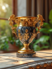 Poster - Golden trophy winner cup blurred background of sports ground hall