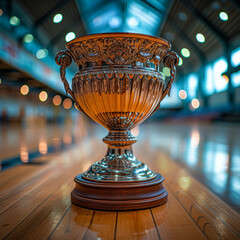 Poster - Golden trophy winner cup blurred background of sports ground hall