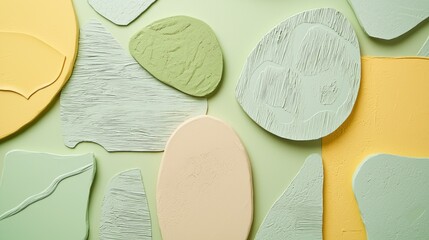 Poster - Soft pastel shades of green and yellow blend in a dynamic arrangement of textured shapes that evoke a sense of tranquility and creativity. This interplay invites artistic exploration