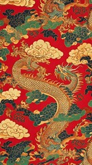 79. A Bhutanese fabric pattern with intricate dragons and clouds in vibrant red, green, and gold