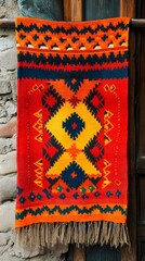 94. A Bolivian traditional textile pattern with geometric designs and vibrant earth tones like red and yellow