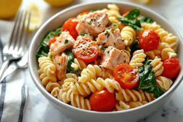 Wall Mural - Creamy fusilli pasta dish garnished with cherry tomatoes, spinach, and black pepper