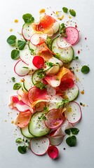 Wall Mural - Fresh vegetarian salad with grated carrot, cucumber and radish on white background