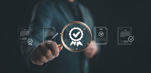 Poster - ISO standards quality control assurance warranty business technology, Businesses that pass quality control standards. Modern business with ISO banner. Standards quality.