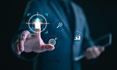 Aufkleber - KYC Know your customer concept. Finding the target audience of a business, thinking about marketing to find customers, customer service, social media. Digital marketing online.