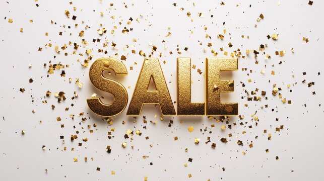 Sophisticated SALE text in golden lettering, surrounded by sparkling gold confetti on a white backdrop. Perfect for marketing campaigns.