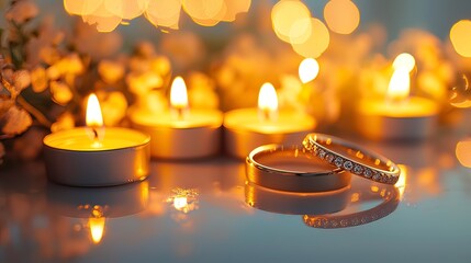romantic wedding rings reflected on a surface with lit candles and flowers.