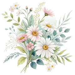 Wall Mural - A vibrant bouquet featuring daisies, delicate pink flowers, and lush green foliage, arranged harmoniously for a charming floral display.