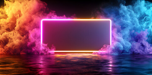 Wall Mural - Dynamic colorful smoke with glowing rectangular frame in dark atmosphere during nighttime