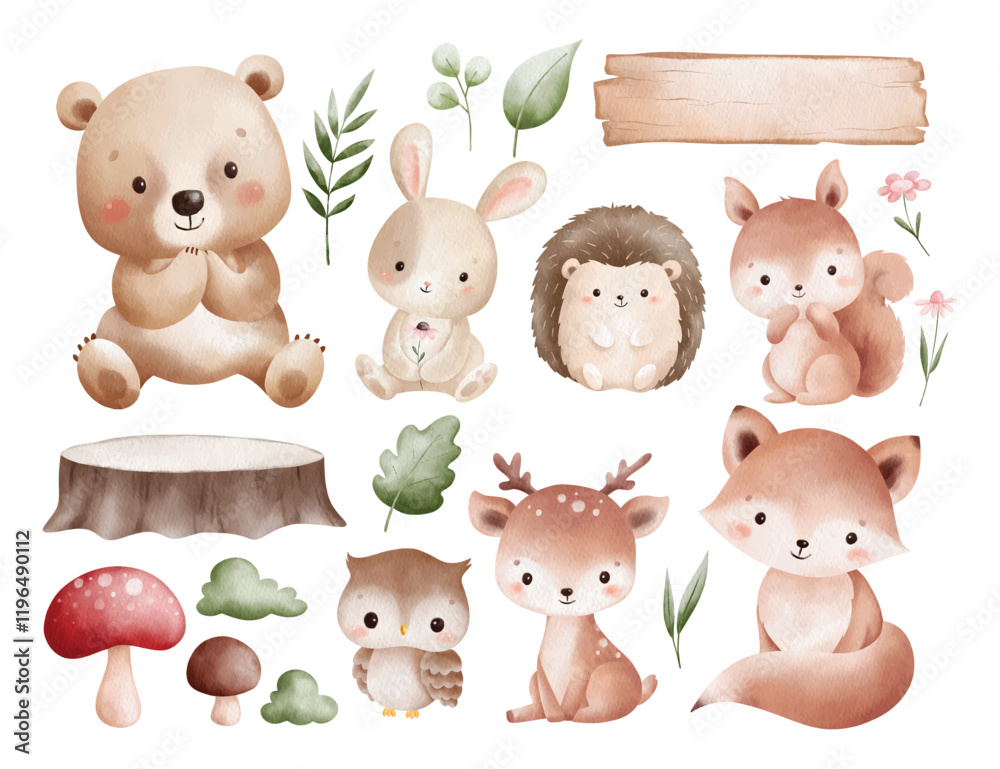 Watercolor Illustration Set of Woodland Animals and Nature Elements ...