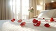 © xbzz - Romantic atmosphere with scattered rose petals on bed cozy bedroom soft lighting intimate viewpoint love concept