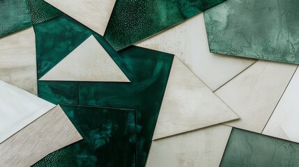 Poster - Vibrant geometric patterns intertwine in shades of green and cream, forming a dynamic display of shapes and textures. This artistic composition captures the eye with its modern flair
