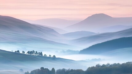 Wall Mural - Misty sunrise over rolling hills and valleys, soft pastel colors.