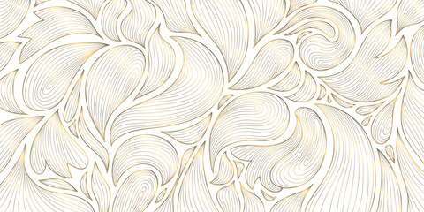 Wall Mural - vector art deco floral pattern, wavy luxury golden line background. leaves texture, line design for 