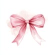 © Charoen - Delicate pink watercolor bow, soft feminine brush strokes, pale rose tones, ethereal texture, pure white background, translucent paint effect