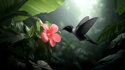 Wall Mural - Hummingbird Hovering Near Vibrant Pink Flower in Lush Tropical Jungle Environment