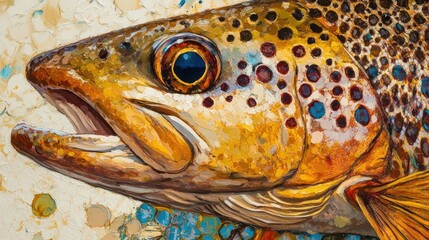 Canvas Print - Artistic close-up of a brown trout, focusing on its intricate speckled patterns and vibrant eye detail on white