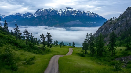 Poster - A scenic landscape featuring a winding road, lush greenery, and majestic mountains shrouded in clouds, creating a tranquil and picturesque atmosphere