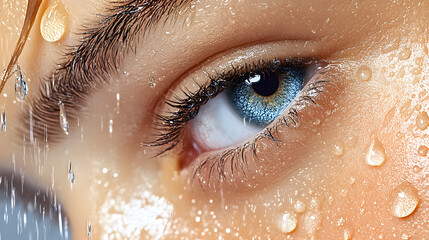 Poster - A close-up of an eye with striking blue iris, surrounded by droplets of water, showcasing details and reflections