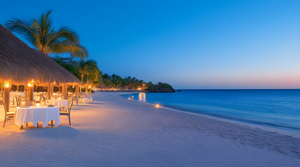 Poster - A serene beach at dusk, featuring cozy dining setups under thatched roofs, with gentle waves lapping at the shore