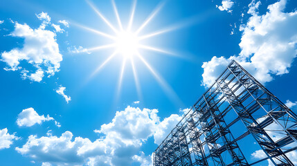 Aufkleber - A bright sun shines over a blue sky with fluffy clouds, illuminating a metallic structure below, creating a vibrant outdoor scene