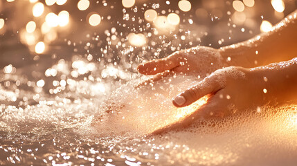 Poster - A serene close-up of hands interacting with water, creating a splash and surrounded by shimmering light reflections