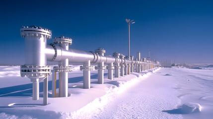 Poster - A snowy landscape featuring a long pipeline with metallic structures under a clear blue sky