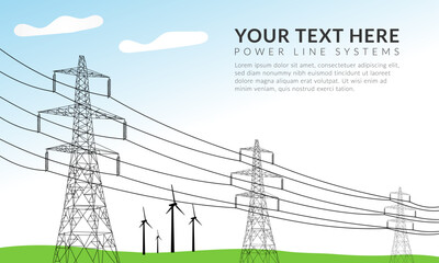 high voltage electric transmission tower, power line system, electricity pole, energy pylon, wind tu