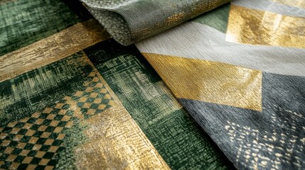 Aufkleber - Intricate patterns come alive with vibrant greens, shimmering golds, and soft textures, showcasing a beautiful interplay of shapes in fabric design. Ideal for elevating any artistic space