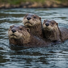 A playful otter family sliding into a calm river.