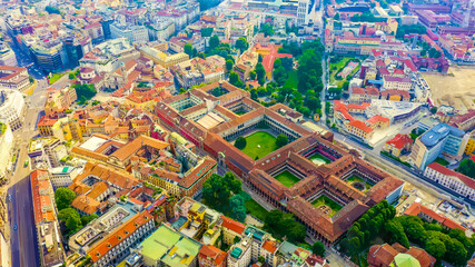 Wall Mural - Milan, Italy. Watercolor illustration. University of Milan. Roofs of the city aerial view, Aerial View