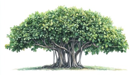 Lush green banyan tree with many aerial roots and broad canopy isolated on white.