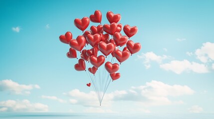 Poster - A whimsical Valentine's Day composition featuring floating heart-shaped balloons in a blue sky, light and airy, perfect for a greeting card, copyspace included, artistic editorial style, no trademarks