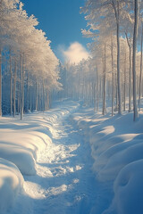 Wall Mural - Snowy Path Through a Winter Forest of Frost Covered Trees