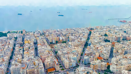 Wall Mural - Thessaloniki, Greece. Watercolor illustration. Panorama of the central part of the city. Summer, Aerial View