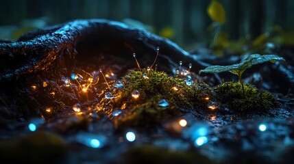 Wall Mural - magical glowing moss forest dew drops - fantasy