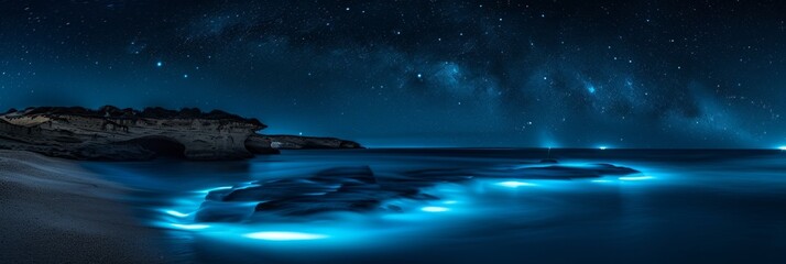 Dark silhouette of rocks on a beach, glowing blue water, and a starry night sky. AI generative. .