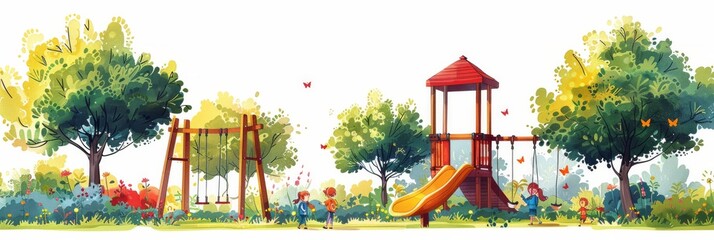 Children play on a red and yellow jungle gym in a green park with trees and flowers. AI generative. .