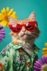 Wall Mural - Cat wearing red sunglasses and a floral shirt surrounded by colorful flowers on a vibrant background, perfect for fun pet lifestyle and summer vibes.