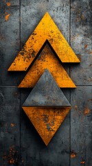 Poster - Sharp triangles in vibrant golden yellow are layered against a textured metal surface with a mix of deep gray and rusty tones, creating an eye-catching interplay of light and shadow that captivates