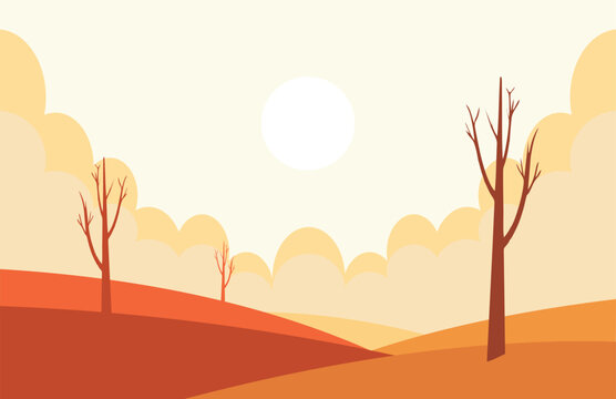 vector flat design illustration of a garden with trees with fallen leaves in autumn