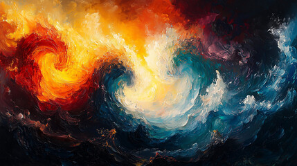 Wall Mural - vibrant swirls of red and yellow merging with cool blues in a fiery oceanic abstraction