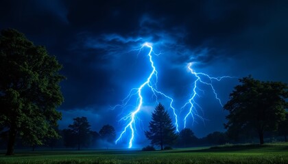 Wall Mural - a dramatic night scene with a powerful lightning bolt illuminating a field with vibrant blue and whi